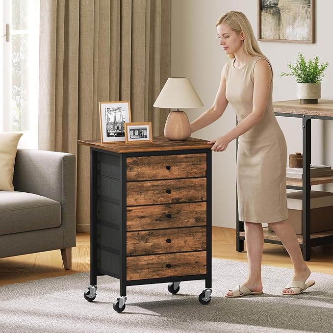 5 Drawer File Cabinet,Rolling Filing Chest Cabinet with Wheels, Under Desk Storage Organizer, Printer Stand with Non-Woven Fabric Drawer, for Home Office, Study, Rustic Brown FCHR4801