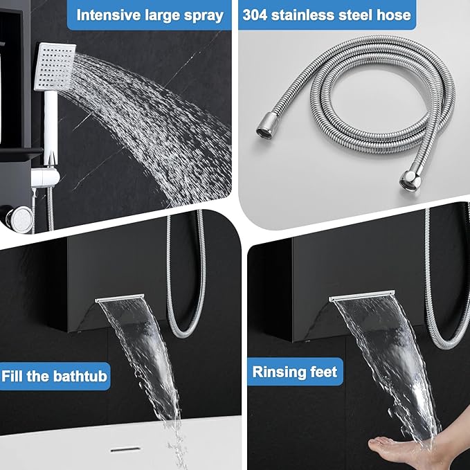 ROVOGO Led Shower Panel Tower System with Shelf, Rainfall & Mist Shower Head, Body Jets, Handheld and Tub Spout, Stainless Shower Column with Led Lights, Black