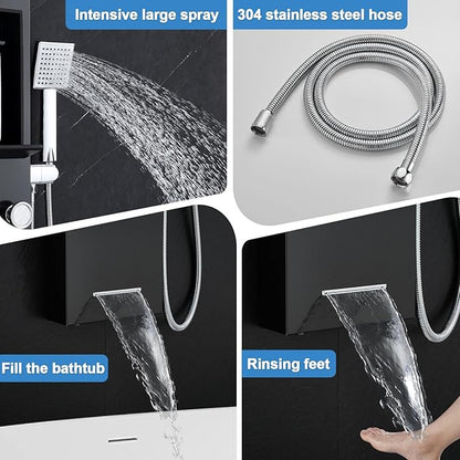 ROVOGO Led Shower Panel Tower System with Shelf, Rainfall & Mist Shower Head, Body Jets, Handheld and Tub Spout, Stainless Shower Column with Led Lights, Black