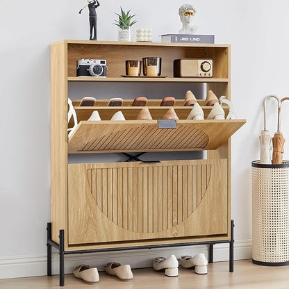 Fluted Shoe Cabinet with 2 Flip Drawers, Slim Freestanding Hidden Shoe Cabinet Organizer, Narrow Shoes Storage Rack for Entryway (All Natural-2 Drawers, 9.45" D x 31.5" W x 41.93" H)
