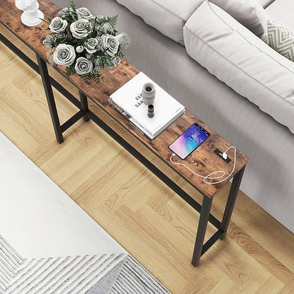 HOMERECOMMEND 70.8 Inch Console Table with USB Ports, Sofa Table with Charging Station, Narrow Entryway Table, Skinny Hallway Table,Rustic Brown