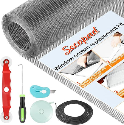 Window Screen Door Repair Kit, 48" x 177" Screen Door Mesh Replacement Kit, Durable Fiberglass Mesh Roll with Tools for Windows Doors Patio and Porch Replacement, Grey