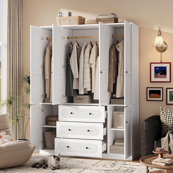 4 Doors Freestanding Armoire Wardrobe Closet, 72" White Wardrobe Armoire Wooden Closet Large Capacity Storage with 3 Drawers & 3 Hanging Rod Shelves Clothes Organizer