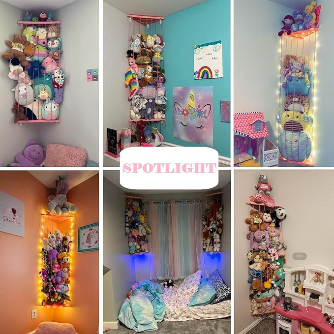 Corner Stuffed Animal Storage Net - Stuffed Animals Holder with Lights - Plush Toy Organizer Hanging Stuffed Animal Hammock with Adjustable Length for Kids Room Playroom Bedroom Nursery Decor