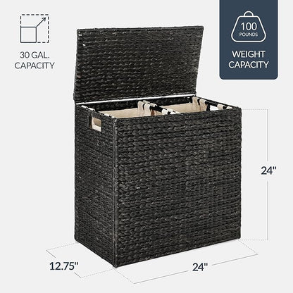 Best Choice Products Large Double Laundry Hamper with Lid, Natural Handwoven Water Hyacinth, 2 Sections w/ 2 Machine Washable Linen Liner Bags, Portable, Handles - Black