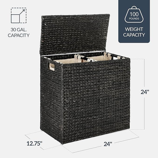 Best Choice Products Large Double Laundry Hamper with Lid, Natural Handwoven Water Hyacinth, 2 Sections w/ 2 Machine Washable Linen Liner Bags, Portable, Handles - Black