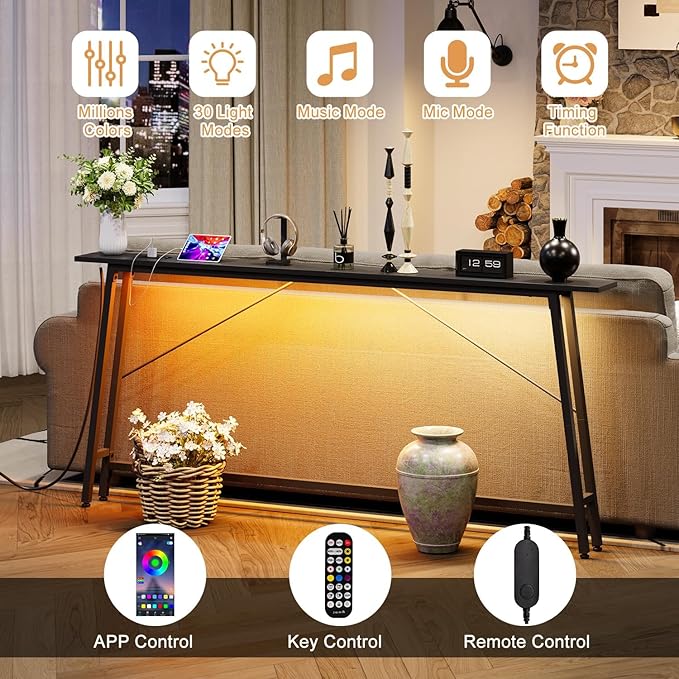71'' Sofa Table with Power Outlets and LED Light, 5.9" Entryway Table Narrow with Type C & USB Port, Behind The Couch Table, Skinny Console Table for Living Room, Entryway, Hallway, Black