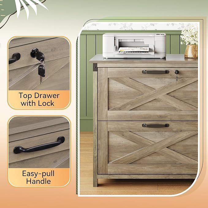 DEVAISE 2 Drawer File Cabinet, Lateral Wood Filing Storage Cabinet with Lock, Farmhouse Printer Stand for Home Office Fits Letter/Legal/A4 Size, Gray Oak