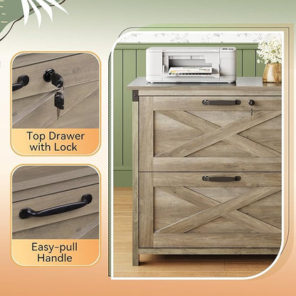 DEVAISE 2 Drawer File Cabinet, Lateral Wood Filing Storage Cabinet with Lock, Farmhouse Printer Stand for Home Office Fits Letter/Legal/A4 Size, Gray Oak