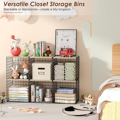 4-Tier Stackable Closet Organizers and Storage, Dual-Layer Reinforced Clothing Cube Shelves with Wood Tops, Sturdy Clothes Storage Bins & Shelf Basket for Wardrobe, Closet Organizer System