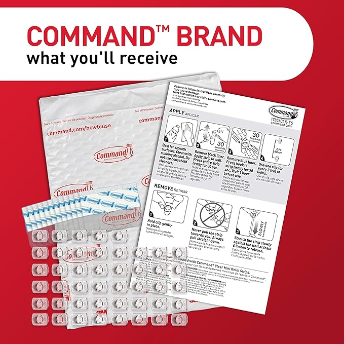 Command Clear Indoor Mini Light Clips Value Pack, 45 Clips, 54 Strips, Damage-Free String Light Hangers for Home, Room, Wall, Office, and Dorm Decor, Great for Cable Management, Holds up to 0.3 lb