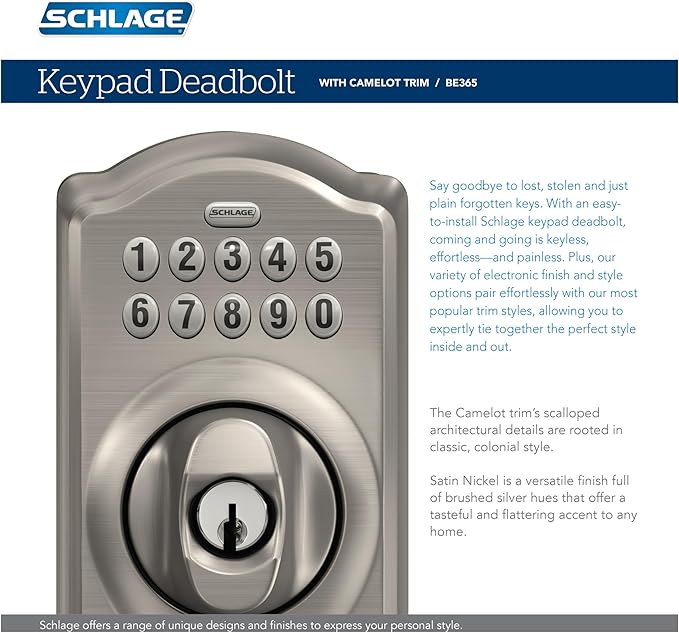 Schlage BE365 V CAM 716 Camelot Keypad Deadbolt, Electronic Keyless Entry Lock, Aged Bronze