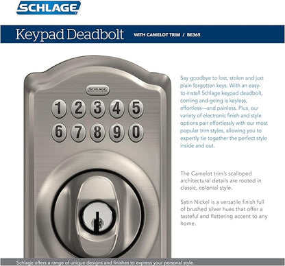 Schlage BE365 V CAM 716 Camelot Keypad Deadbolt, Electronic Keyless Entry Lock, Aged Bronze