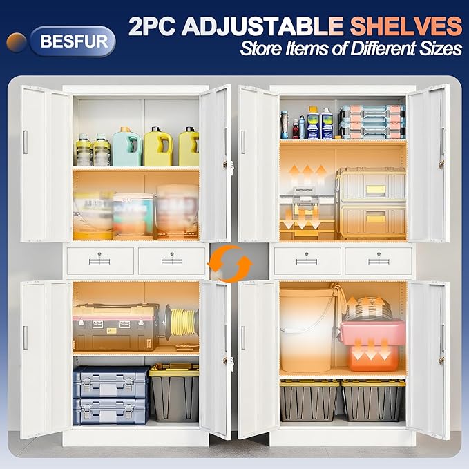 BESFUR Metal Garage Storage Cabinet with Two Drawers Locking Doors and 2 Adjustable Shelves, White Tall Storage Cabinets, Tool File Lockable Cabinet for Garage Office Warehouse Shop(71”H)