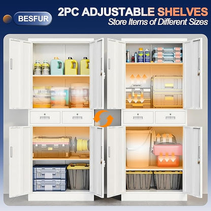 BESFUR Metal Garage Storage Cabinet with Two Drawers Locking Doors and 2 Adjustable Shelves, White Tall Storage Cabinets, Tool File Lockable Cabinet for Garage Office Warehouse Shop(71”H)