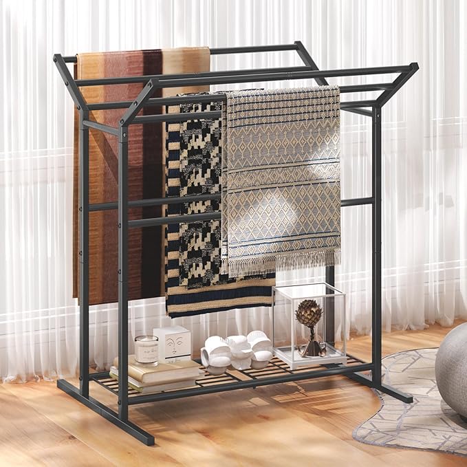 Free Standing Towel Rack for Bathroom, 40.3" Tall 6 Tier Quilt Rack Stand, Large Quilt Blanket Holder with Storage Shelves for Living Room Black Metal