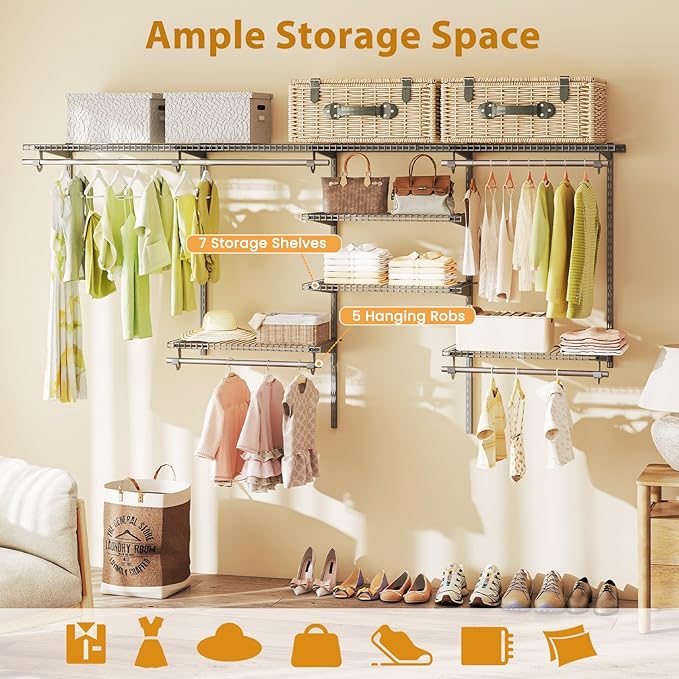 Tangkula 4 to 8 FT Custom Closet System, Wall Mounted Closet with Hanging Rod, Metal Hanging Storage Organizer Rack Wardrobe with Shelves, Adjustable Closet System Kit for Bedroom (Gray)