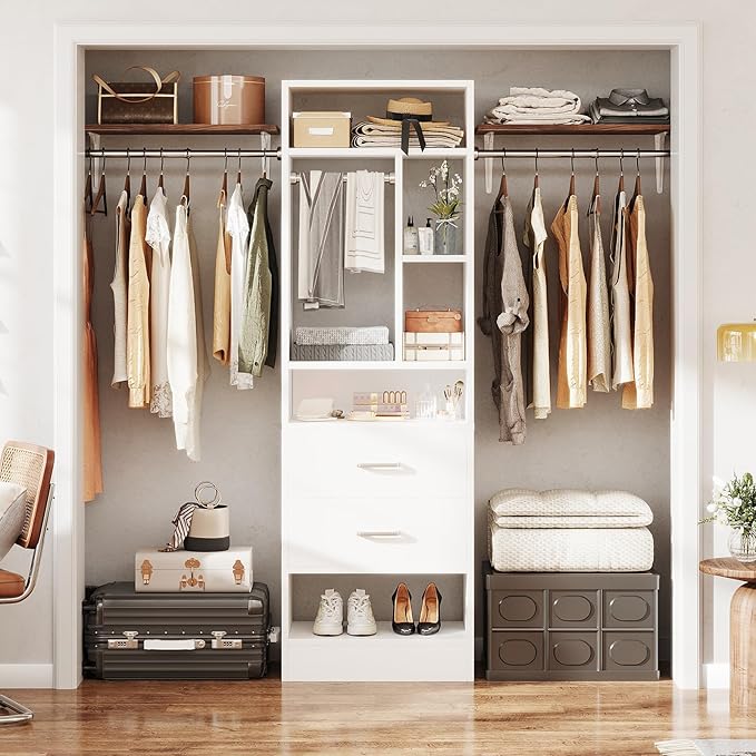 COTUBLR Closet System, 48" W - 105” W Closet Organizer with 24” Tower and 2 Extendable Hanging Rods, Walk-in Wardrobe Garment Rack with 2 Wooden Drawers and 6 Shelves, Fit up to 600 LBS (White)