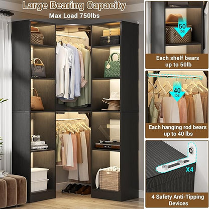Corner Closet System with 12 Shelves, 39.2" Corner Closet Organizer System with 2 Hanging Rods, Versatile 6-Tier Walk-in Closets for Corner Space, Black (39.2" L x 39.2" W x 80" H)