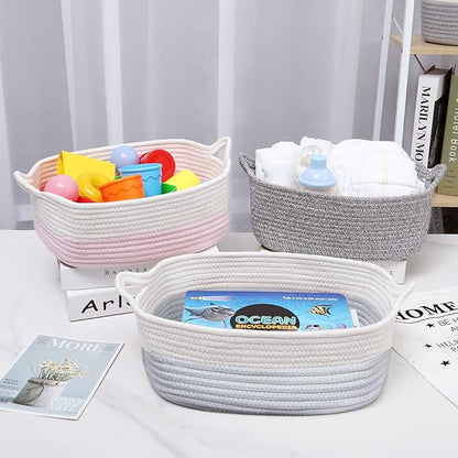 ABenkle Small Storage Basket with Handles, Cotton Rope Woven Dog Cat Toy Bin, Decorative Shelves Closet Organizing for Nursery Laundry Bedroom Bathroom, 14.2''x 11''x 5.1''