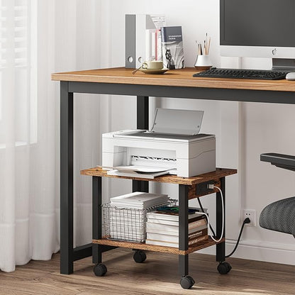 TUTOTAK 2 Tier Printer Stand, Rolling Printer Cart with Power Outlets and USB Ports, Mobile Printer Table with Wheels, for Under Desk, Office, Home,Brown PS01BB001P