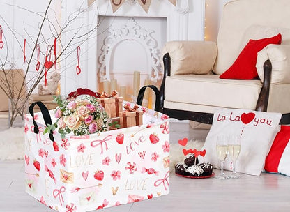 Empty Gift Basket for Girls Heart Print Storage Cube for Women, Closet Shelf Waterproof Organizer Bins with Handles Nursery hamper Kids Toys Books Box Room Deco