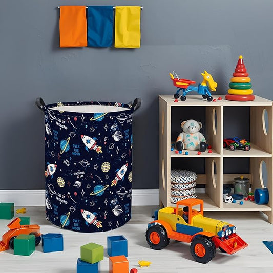 HIYAGON Kids Laundry Basket Baby Hamper for Nursery Boys Kids Hamper Cute Kids Toys Storage Bin Organizer Butterfly Room Decor for Home(Rocket Planet)