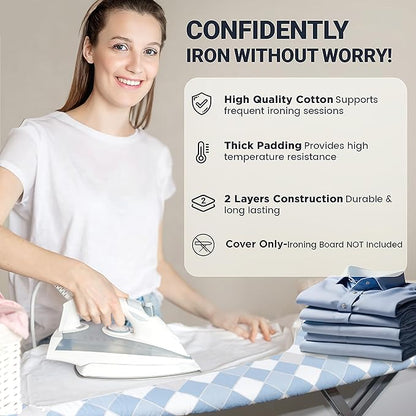 Ironing Board Cover and Pad 15"x54" Extra Thick Natural Cotton, Scorch and Stain Resistant Padding, Standard Size Iron Board Cover with Fasteners Heavy Duty Elastic Edge, Heatproof Checkered