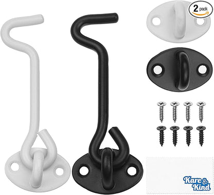 Kare & Kind Hook and Eye Latch (4-inch) - with Mounting Screws - Heavy Duty Locks for Door, Gates, Barns, Bathrooms, Cabins (1-White, 1-Black)