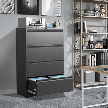 4 Drawer File Cabinets,Metal Office Storage Filing Cabinet with Lock,Black Lateral Filing Cabinet for Home Office,Horizontal Locking File Cabinet for Legal/Letter/A4,Assembly Require,Black