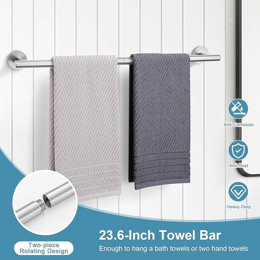 TQKAG 8-Pieces Bathroom Hardware Set Brushed Nickel SUS304 Stainless Steel Bath Towel Bar Set 23.6 Inch Round Bathroom Accessories Kit Wall Mounted