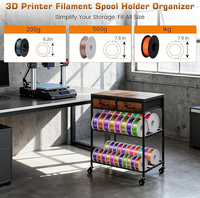 3D Printer Filament Storage Shelf with Drawers& Wheels, Heavy Duty 2-Tier 3D Printer Filament Metal Stand with Storage, Adjustable Filaments Organzied Rack for Workshop Studio Office, 4 Leveling Feet