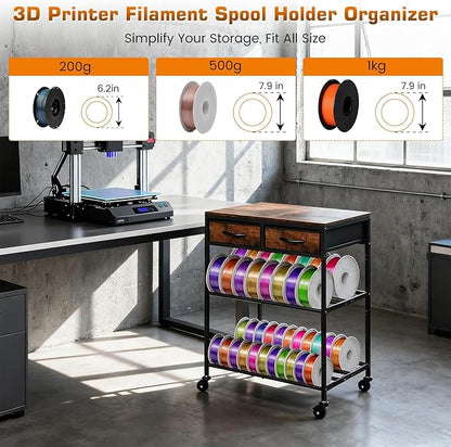 3D Printer Filament Storage Shelf with Drawers& Wheels, Heavy Duty 2-Tier 3D Printer Filament Metal Stand with Storage, Adjustable Filaments Organzied Rack for Workshop Studio Office, 4 Leveling Feet