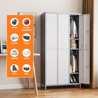 Aobabo Upgraded Metal Storage Lockers for Employees, 72inch Tall 6 Doors Metal Locker with Lock and Name Card Slot, Industrial Storage with 18 Hooks, for Office Gym, Assembly Required,Grey White