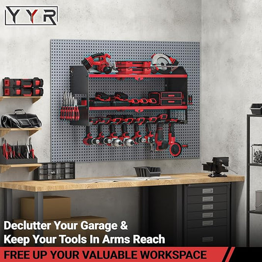 YYR Power Tool Organizer Wall Mount, Cordless Drill and Battery Holder, Electric Tools Hanger Storage Rack with Charging Station, Garage Organization Floating Shelf - Made of Heavy Duty Metal, Red