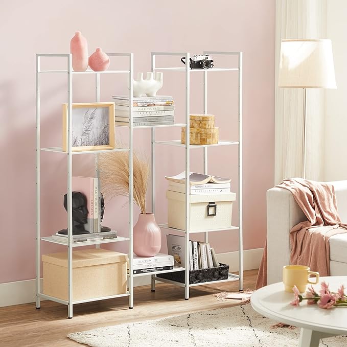 SONGMICS 5-Tier Storage Rack, Bathroom Shelf, Extendable Plant Stand with Adjustable Shelf, for Bathroom, Living Room, Balcony, Kitchen, White UBSC035W01