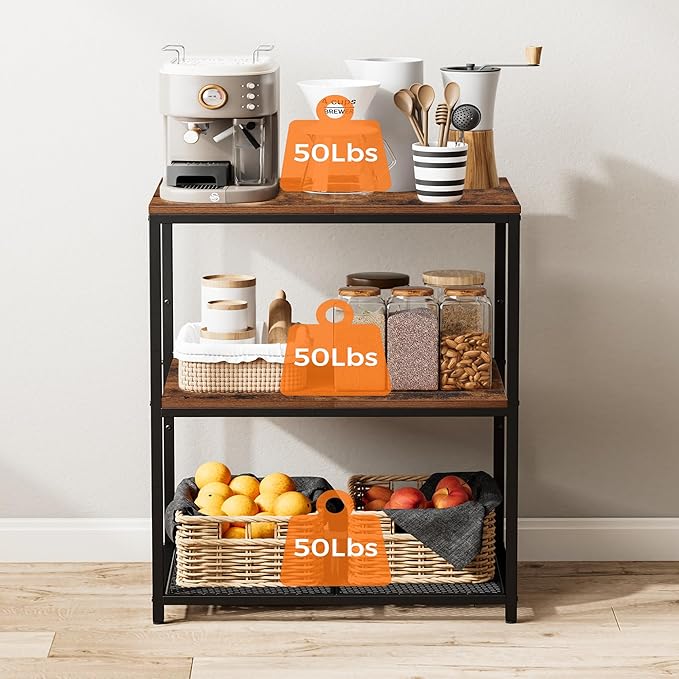 Kitchen Island with 3 Shelves, Kitchen Shelf with Large Workstation, Bakers Rack, Workbench, Metal Frame, Rustic Brown and Black