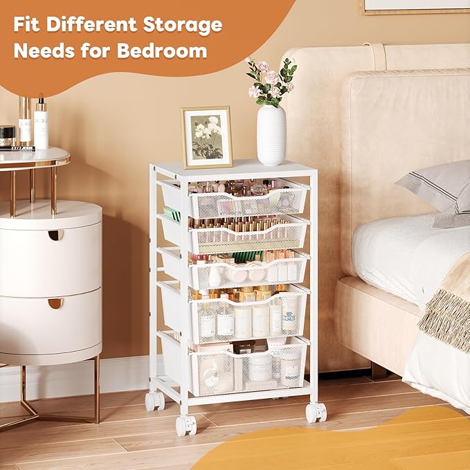 Rolling Storage Cart with 5 Drawers, Metal Utility Cart with Lockable Wheels, Craft Storage Art Cart, Rolling Drawer Cart for Living Room, Bedroom, Bathroom, Office, Home, White