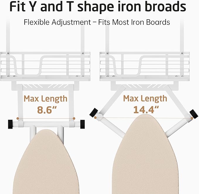 KES Over The Door Ironing Board Holder, Ironing Board Hanger Over Door Organizer with Storage Shelf Y and T Shaped Fits for 1 3/8 Doors White, HIR501A-WH