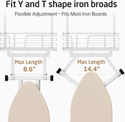 KES Over The Door Ironing Board Holder, Ironing Board Hanger Over Door Organizer with Storage Shelf Y and T Shaped Fits for 1 3/8 Doors White, HIR501A-WH