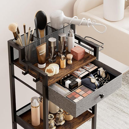 Bathroom Storage Organizers with Drawer, 3 Tier Metal Rolling Standing Unit with Toilet Paper Holder, Multifunctional Floor Corner Rack for Cosmetic, Dryer Curling Irons 12.8in Wide Black