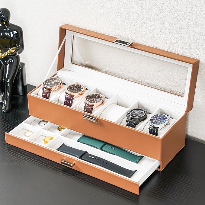 ProCase Watch Box, 6 Slot Watches Display Case with Drawer, Mens Watch Case with Glass Lid, 2-Layer Mens Jewelry Organizer Storage Holder, Birthday Valentine Gifts for Men -6 Slot, Khaki