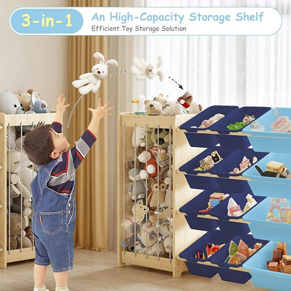 Large Toy Storage Organizer, Wooden Stuffed Animal Storage & 12-Bins Toy Organizer, Double-Sided Plush Toy Holder Featuring Thicker Ropes, Space Save Bedroom Nursery Playroom Storage, Blue