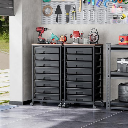 Rolling Storage Cart with Drawers,Utility Cart With 8 Drawers and Wooden Tabletop,Rolling Drawer Cart,Storage Drawer Cart for Living Room,Classroom,Bedroom,Bathroom,Dorm,Office, Black