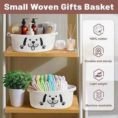 Small Woven Dog Gifts Basket for Storage Empty Dog Toy Bins Organizer with Ribbons and Bags Durable Cute Pet Gifts 12"X 8" X 5" Small Rope Basket for Gifting