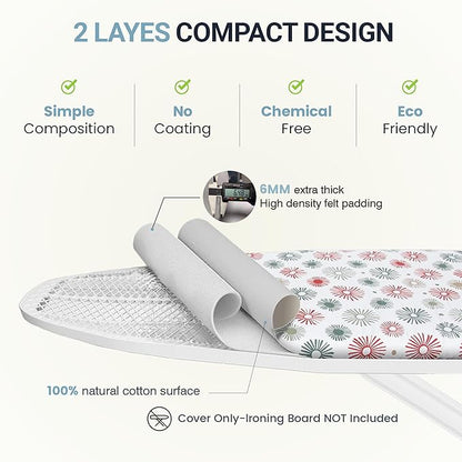 Ironing Board Cover and Pad 15"x54" Extra Thick Natural Cotton, Scorch and Stain Resistant Padding, Standard Size Iron Board Cover with Fasteners Heavy Duty Elastic Edge, Heatproof Sunflora