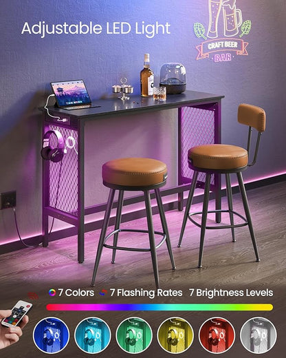 VASAGLE Bar Table with Power Outlets, 47.2 Inches LED Lights Narrow Tall Pub Table, Counter Height Console Desk, Mesh Panels and Metal Frame, for Kitchen, Entryway, Ebony Black and Matte Black