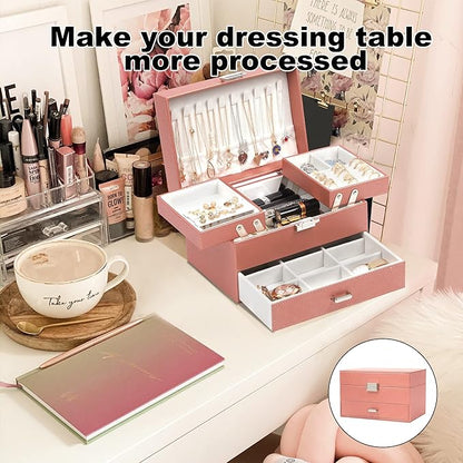 Dajasan Jewelry Organizer Box, Large Jewelry Boxes for Women Girls, Compact 3 Layers Jewelry Storage Case with Drawer, Gift Idea for Christmas, Valentine's Day, Birthday, Mother's Day (Rose Gold)