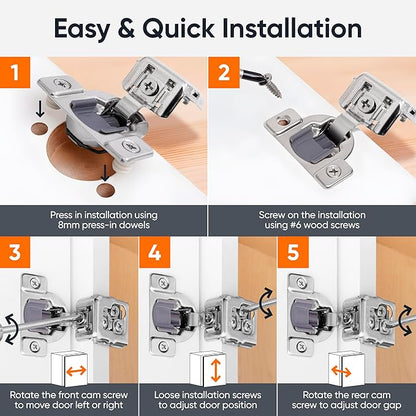 Decobasics 30 Pack Soft Close Cabinet Hinges – 1" Overlay for Kitchen Cabinet Doors, Face Frame Concealed Hidden Hinges – Stainless Steel, Self-Closing with 3-Way Adjustment & Slow Close Damper