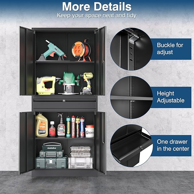 Black Metal Storage Cabinet with Lock, 71" Tall Garage Storage Cabinets with Doors and Shelves, Lockable Tool Caninet Steel Locking Cabnets File Cabinet for Home Office, Garage, Pantry